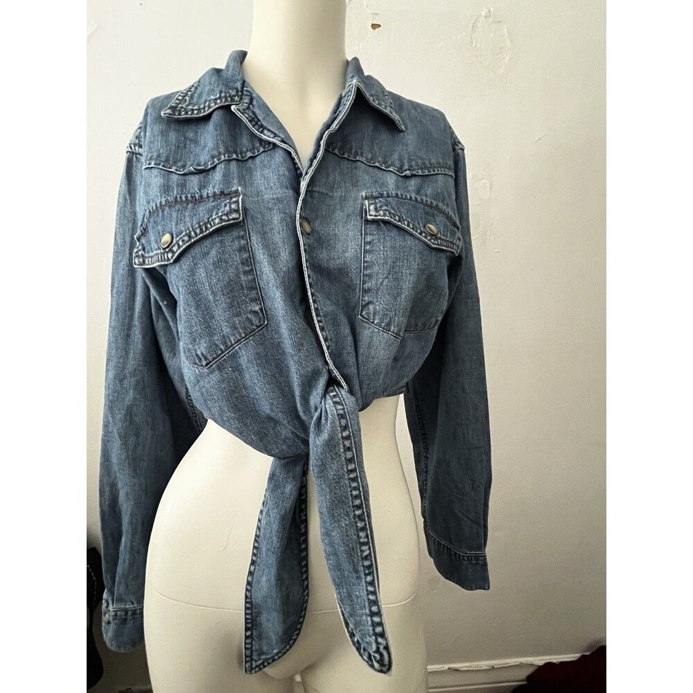 Vtg Esprit Cropped Denim Shirt Sz M Western Cowgirl Ranch Boho Tie Rodeo Dancing